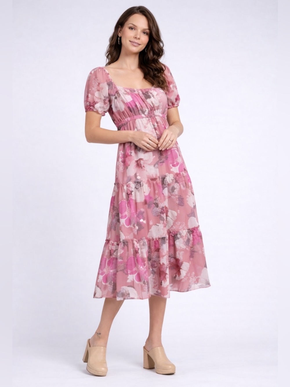 WOMEN'S SHORT SLEEVE SQUARE NECK ELASTIC WAIST FLORAL PRINT MIDI DRESS - Picture 2 of 9